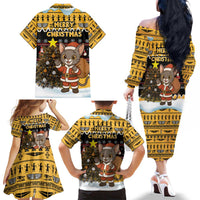 Egypt Christmas Family Matching Off The Shoulder Long Sleeve Dress and Hawaiian Shirt with Santa Cat Sleigh Reindeer Christmas Tree and Ancient Hieroglyphic - Wonder Print Shop
