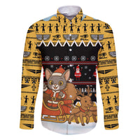 Egypt Christmas Family Matching Off The Shoulder Long Sleeve Dress and Hawaiian Shirt with Santa Cat Sleigh Reindeer Christmas Tree and Ancient Hieroglyphic - Wonder Print Shop