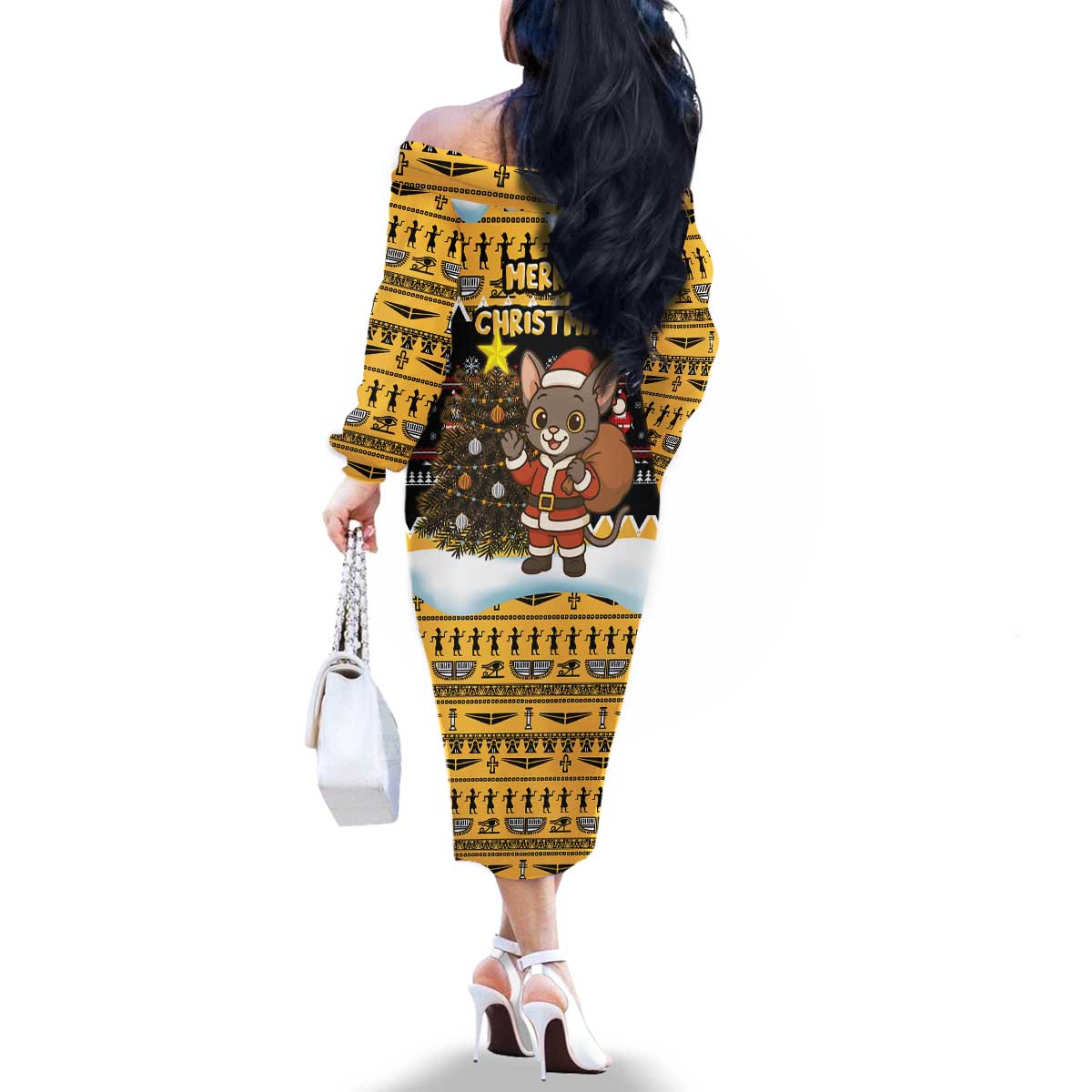 Egypt Christmas Family Matching Off The Shoulder Long Sleeve Dress and Hawaiian Shirt with Santa Cat Sleigh Reindeer Christmas Tree and Ancient Hieroglyphic - Wonder Print Shop