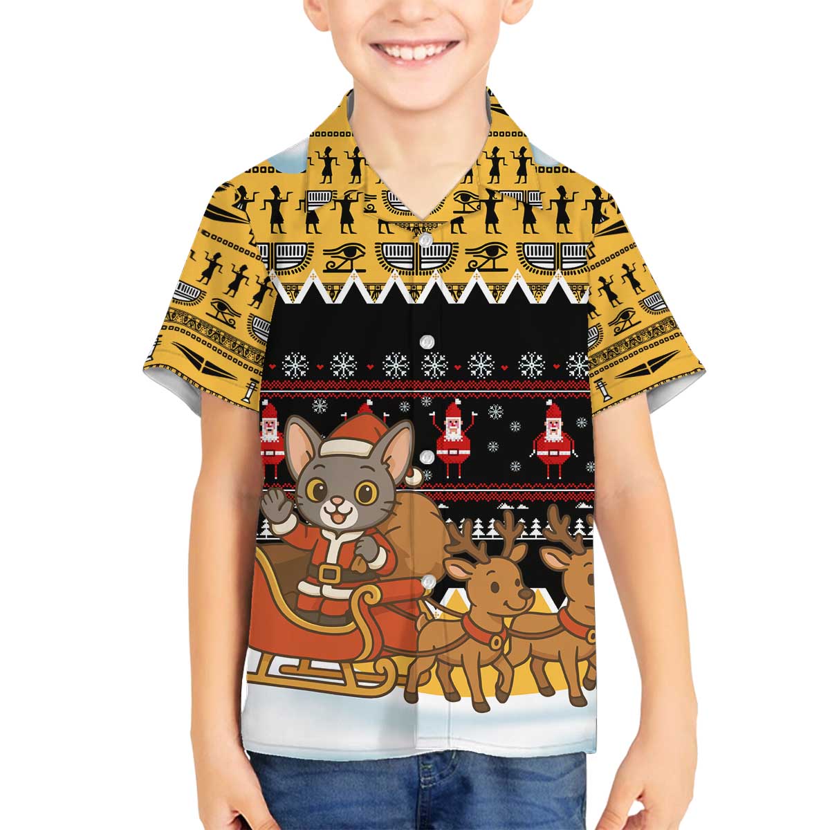 Egypt Christmas Family Matching Off The Shoulder Long Sleeve Dress and Hawaiian Shirt with Santa Cat Sleigh Reindeer Christmas Tree and Ancient Hieroglyphic - Wonder Print Shop