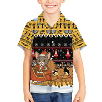 Egypt Christmas Family Matching Off The Shoulder Long Sleeve Dress and Hawaiian Shirt with Santa Cat Sleigh Reindeer Christmas Tree and Ancient Hieroglyphic - Wonder Print Shop