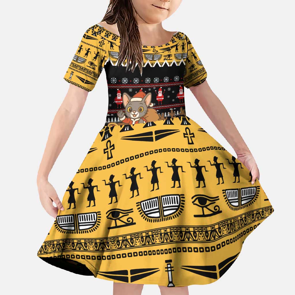 Egypt Christmas Family Matching Off Shoulder Maxi Dress and Hawaiian Shirt with Santa Cat Sleigh Reindeer Christmas Tree and Ancient Hieroglyphic - Wonder Print Shop