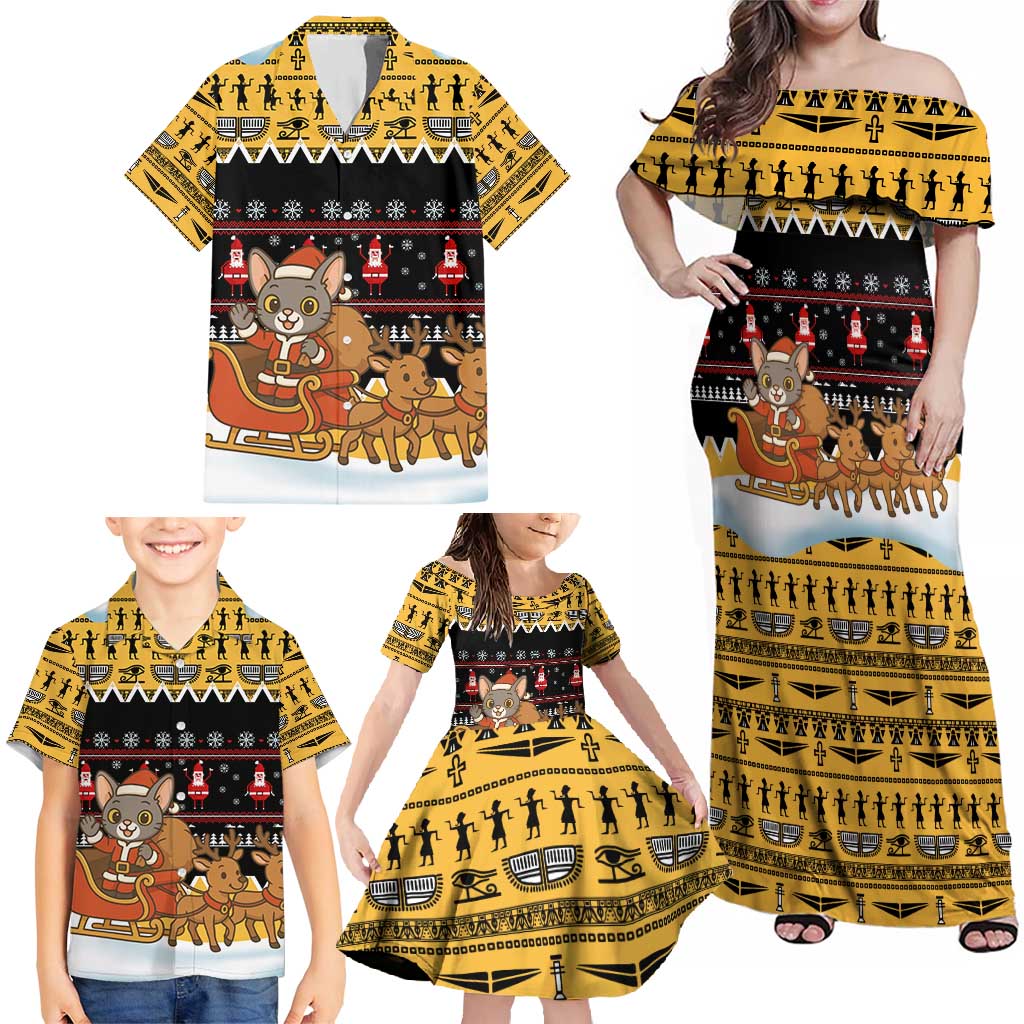 Egypt Christmas Family Matching Off Shoulder Maxi Dress and Hawaiian Shirt with Santa Cat Sleigh Reindeer Christmas Tree and Ancient Hieroglyphic - Wonder Print Shop