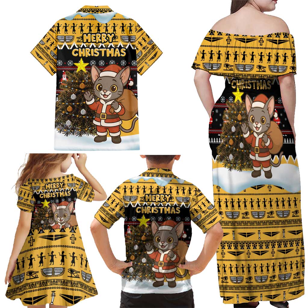 Egypt Christmas Family Matching Off Shoulder Maxi Dress and Hawaiian Shirt with Santa Cat Sleigh Reindeer Christmas Tree and Ancient Hieroglyphic - Wonder Print Shop