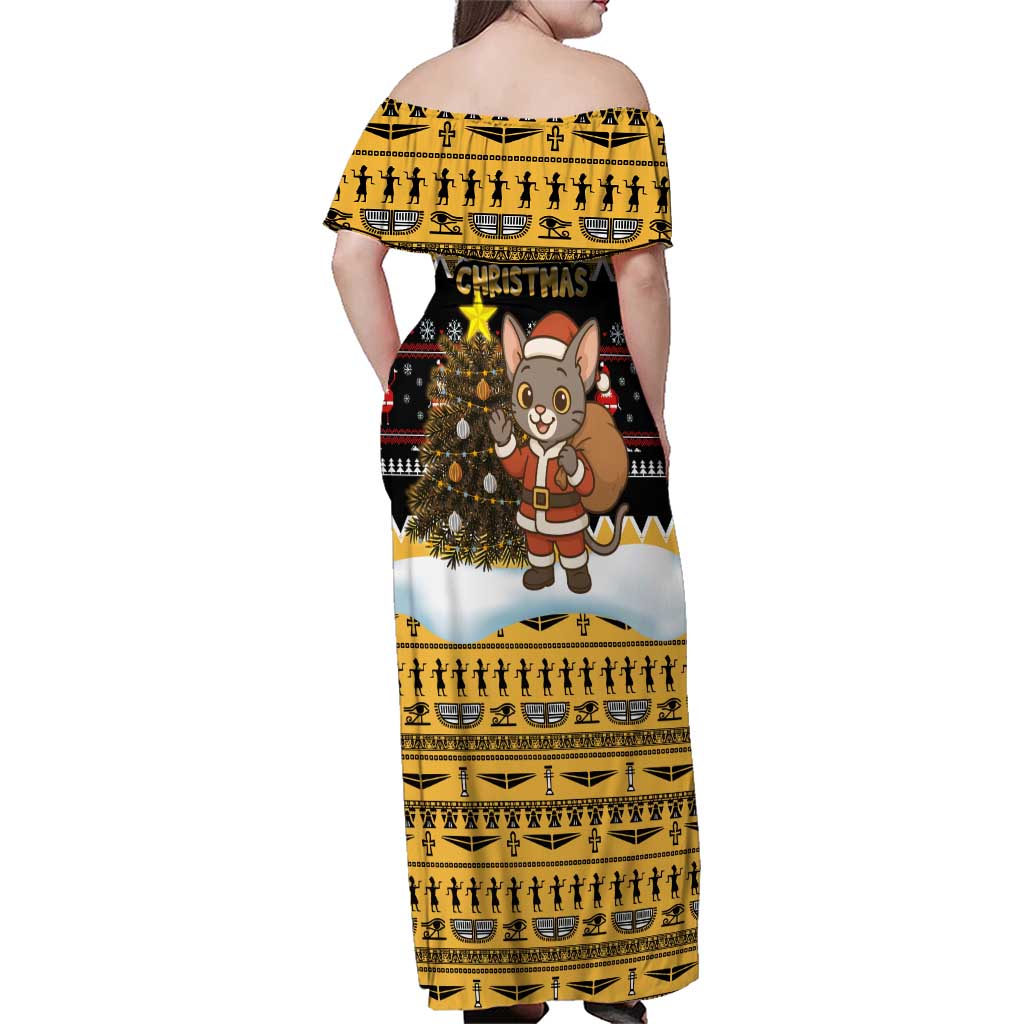 Egypt Christmas Family Matching Off Shoulder Maxi Dress and Hawaiian Shirt with Santa Cat Sleigh Reindeer Christmas Tree and Ancient Hieroglyphic - Wonder Print Shop