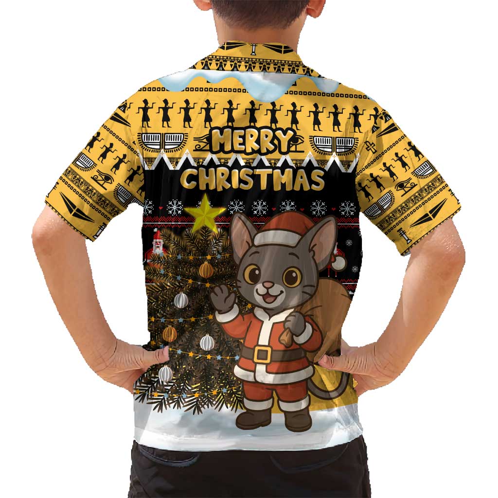 Egypt Christmas Family Matching Off Shoulder Short Dress and Hawaiian Shirt with Santa Cat Sleigh Reindeer Christmas Tree and Ancient Hieroglyphic - Wonder Print Shop