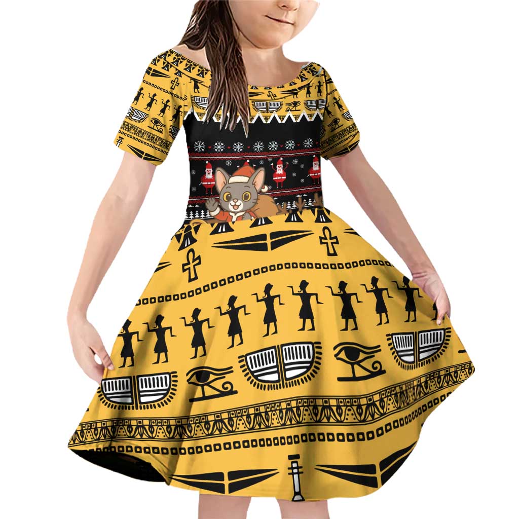 Egypt Christmas Family Matching Off Shoulder Short Dress and Hawaiian Shirt with Santa Cat Sleigh Reindeer Christmas Tree and Ancient Hieroglyphic - Wonder Print Shop