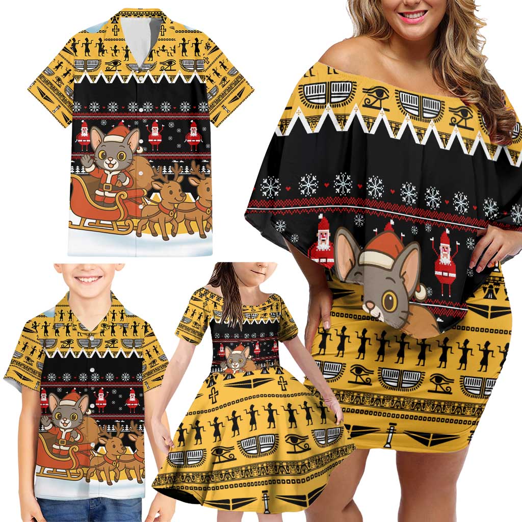 Egypt Christmas Family Matching Off Shoulder Short Dress and Hawaiian Shirt with Santa Cat Sleigh Reindeer Christmas Tree and Ancient Hieroglyphic - Wonder Print Shop