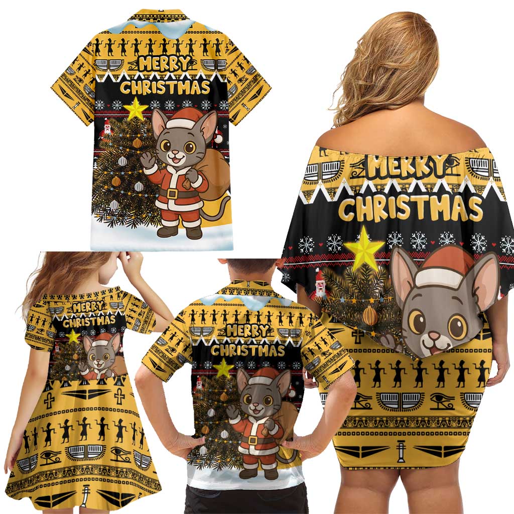 Egypt Christmas Family Matching Off Shoulder Short Dress and Hawaiian Shirt with Santa Cat Sleigh Reindeer Christmas Tree and Ancient Hieroglyphic - Wonder Print Shop