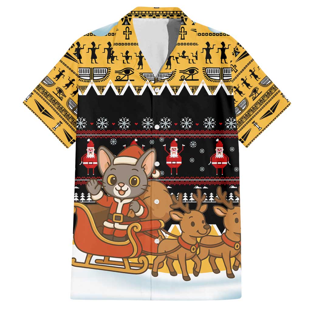 Egypt Christmas Family Matching Off Shoulder Short Dress and Hawaiian Shirt with Santa Cat Sleigh Reindeer Christmas Tree and Ancient Hieroglyphic - Wonder Print Shop
