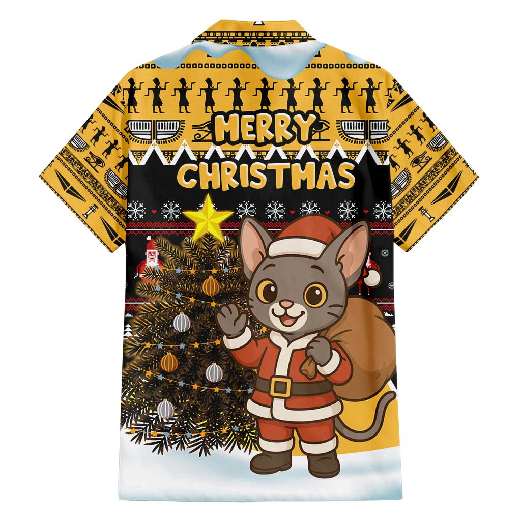 Egypt Christmas Family Matching Off Shoulder Short Dress and Hawaiian Shirt with Santa Cat Sleigh Reindeer Christmas Tree and Ancient Hieroglyphic - Wonder Print Shop