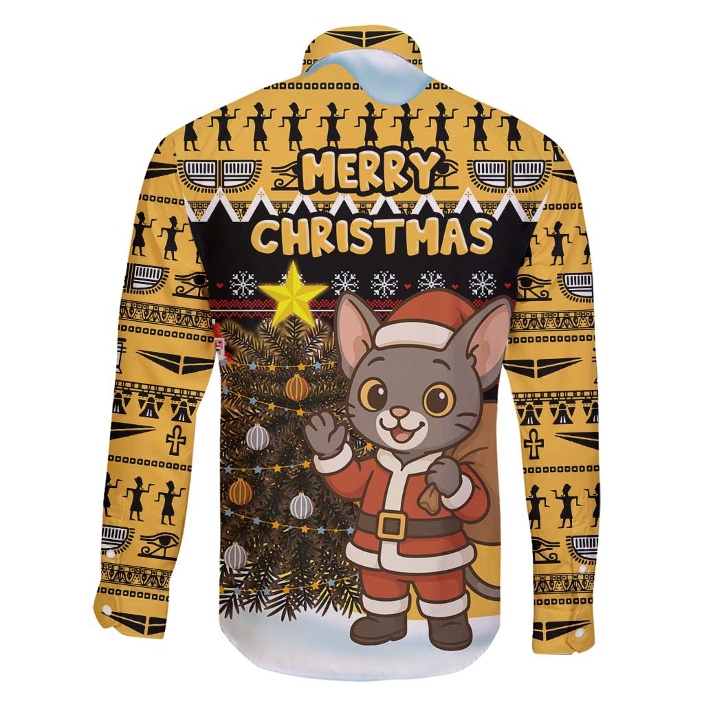 Egypt Christmas Family Matching Off Shoulder Short Dress and Hawaiian Shirt with Santa Cat Sleigh Reindeer Christmas Tree and Ancient Hieroglyphic - Wonder Print Shop