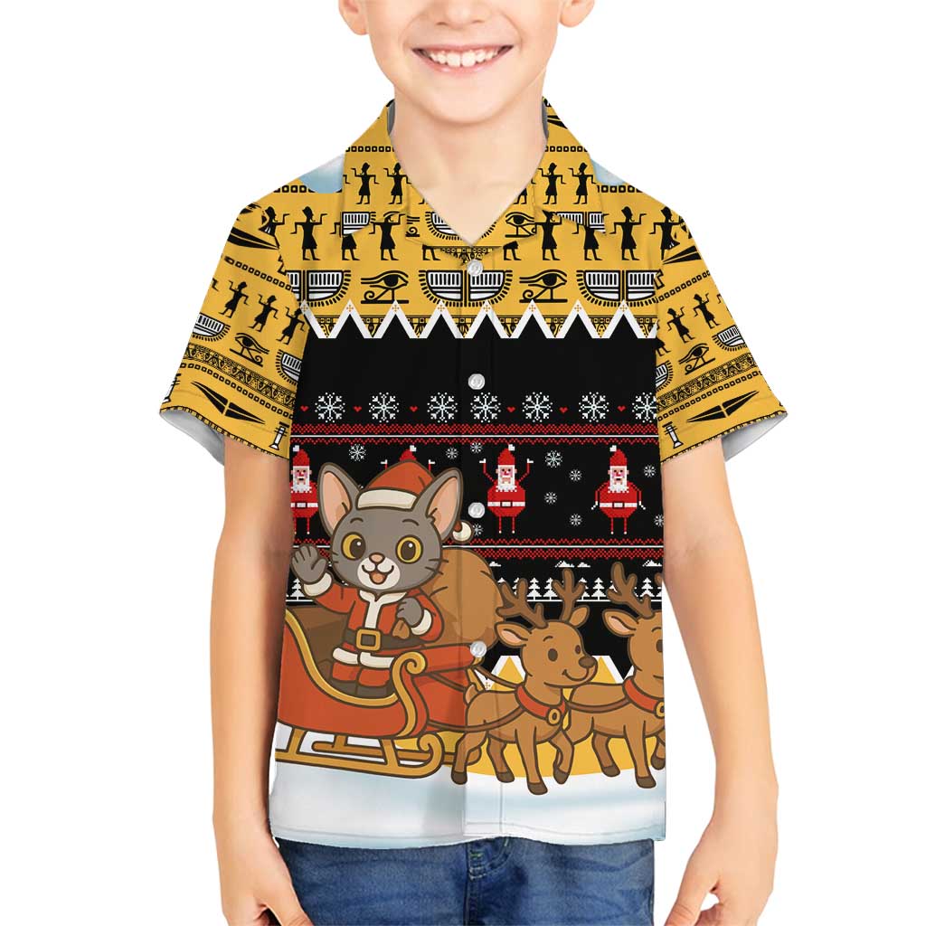 Egypt Christmas Family Matching Off Shoulder Short Dress and Hawaiian Shirt with Santa Cat Sleigh Reindeer Christmas Tree and Ancient Hieroglyphic - Wonder Print Shop