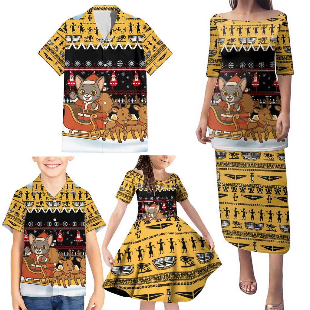 Egypt Christmas Family Matching Puletasi and Hawaiian Shirt with Santa Cat Sleigh Reindeer Christmas Tree and Ancient Hieroglyphic - Wonder Print Shop