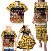 Egypt Christmas Family Matching Puletasi and Hawaiian Shirt with Santa Cat Sleigh Reindeer Christmas Tree and Ancient Hieroglyphic - Wonder Print Shop