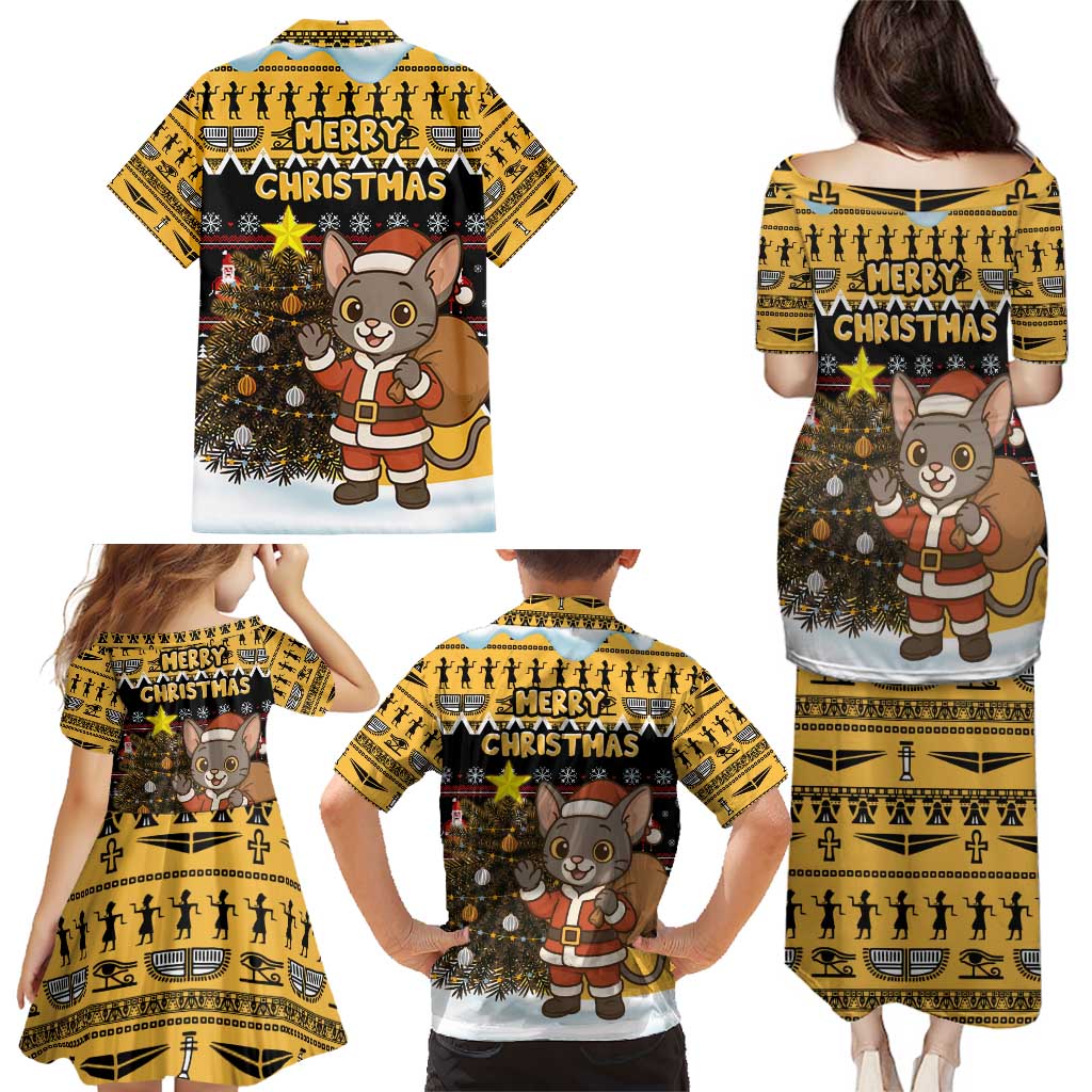 Egypt Christmas Family Matching Puletasi and Hawaiian Shirt with Santa Cat Sleigh Reindeer Christmas Tree and Ancient Hieroglyphic - Wonder Print Shop