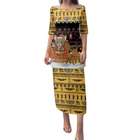 Egypt Christmas Family Matching Puletasi and Hawaiian Shirt with Santa Cat Sleigh Reindeer Christmas Tree and Ancient Hieroglyphic - Wonder Print Shop