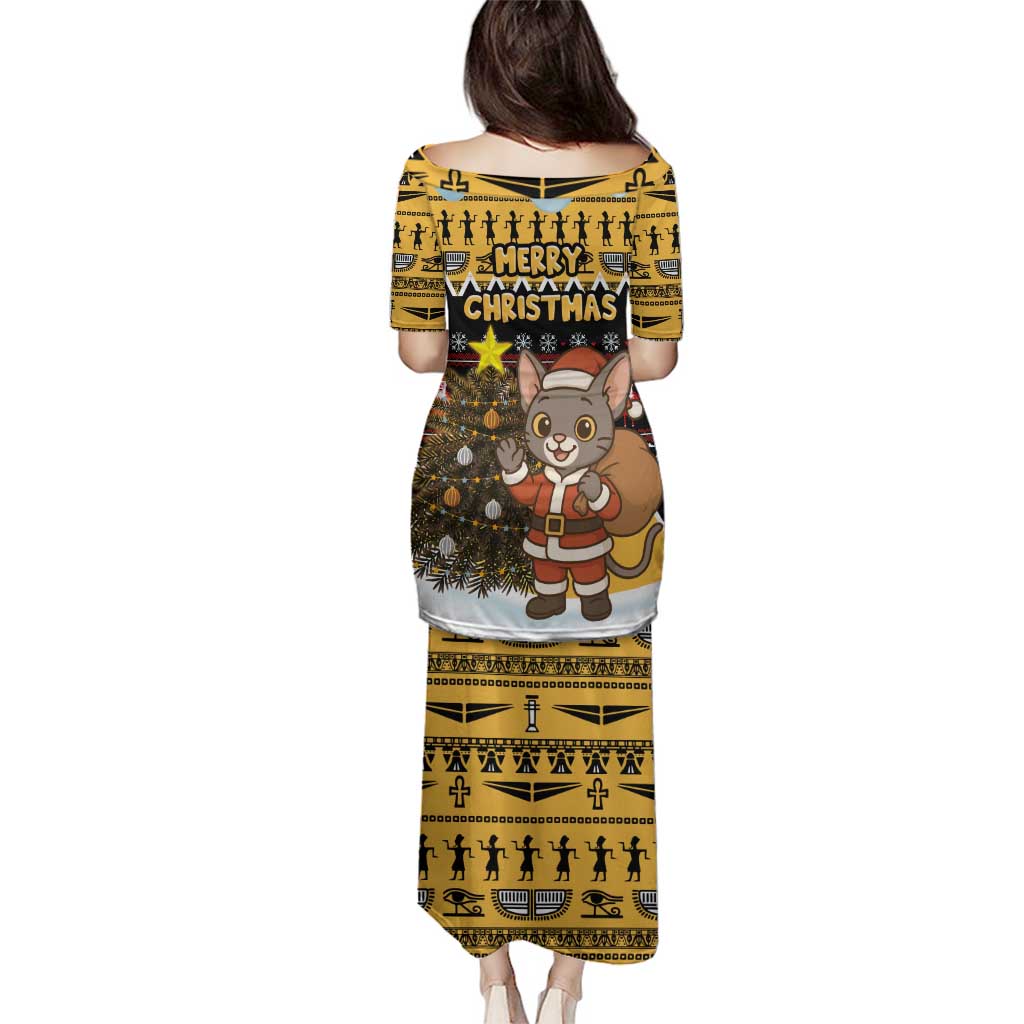 Egypt Christmas Family Matching Puletasi and Hawaiian Shirt with Santa Cat Sleigh Reindeer Christmas Tree and Ancient Hieroglyphic - Wonder Print Shop