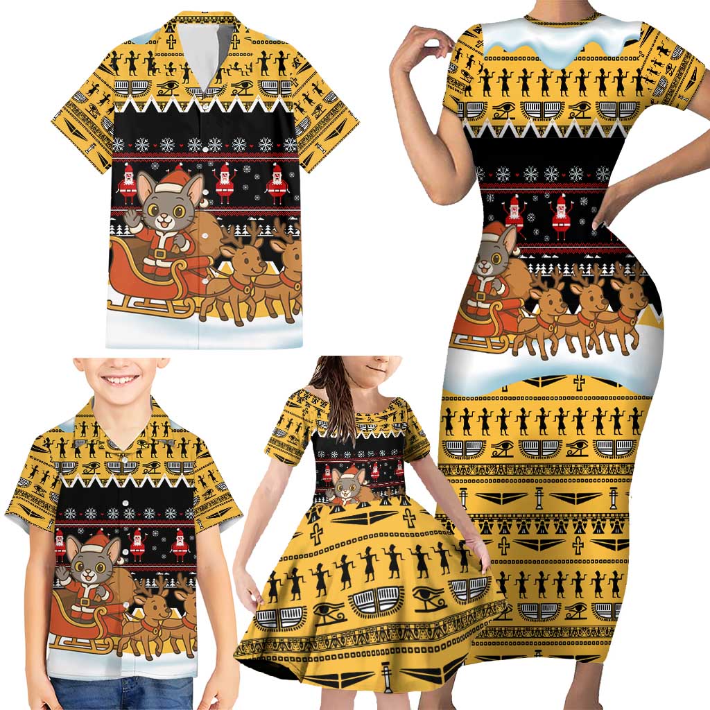 Egypt Christmas Family Matching Short Sleeve Bodycon Dress and Hawaiian Shirt with Santa Cat Sleigh Reindeer Christmas Tree and Ancient Hieroglyphic - Wonder Print Shop
