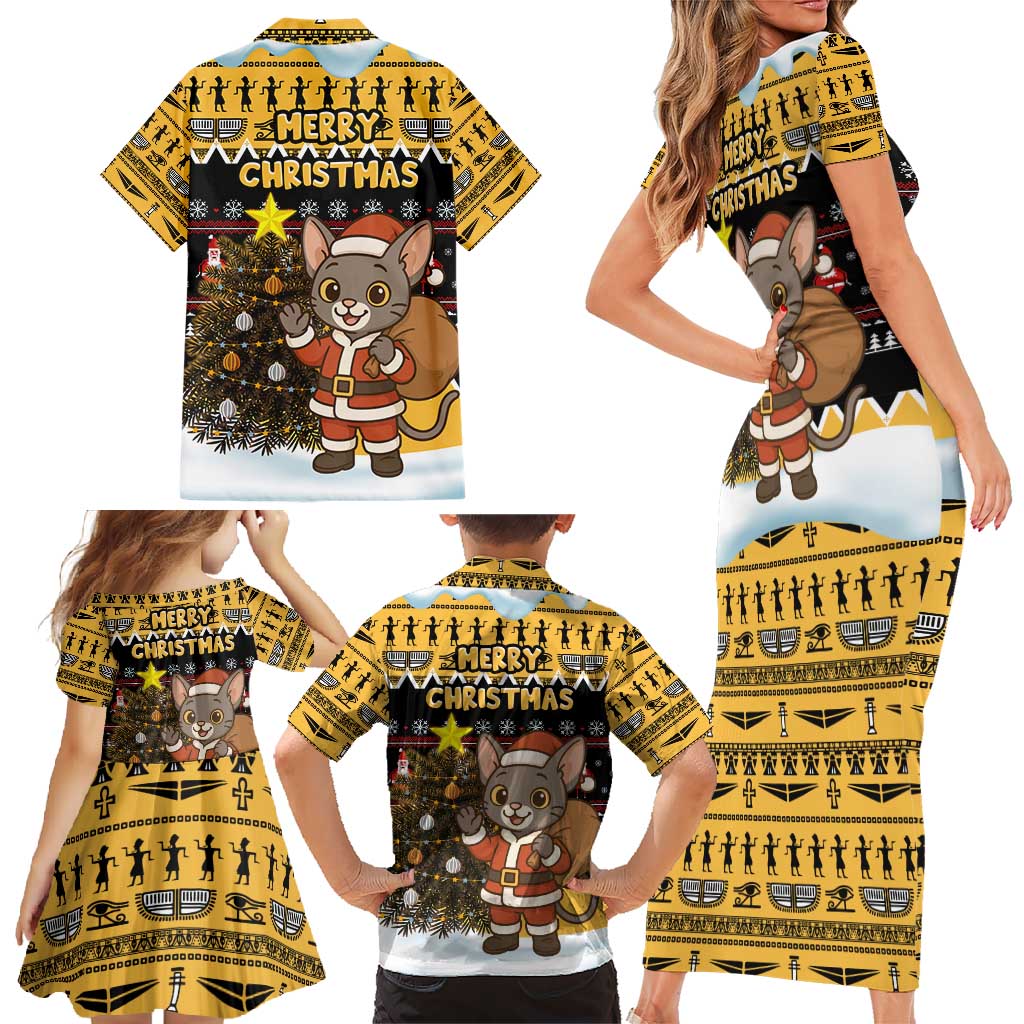 Egypt Christmas Family Matching Short Sleeve Bodycon Dress and Hawaiian Shirt with Santa Cat Sleigh Reindeer Christmas Tree and Ancient Hieroglyphic - Wonder Print Shop