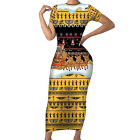 Egypt Christmas Family Matching Short Sleeve Bodycon Dress and Hawaiian Shirt with Santa Cat Sleigh Reindeer Christmas Tree and Ancient Hieroglyphic - Wonder Print Shop