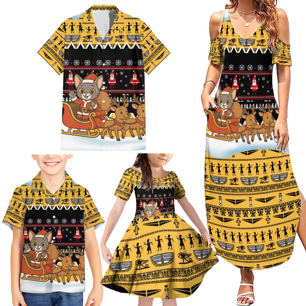 Egypt Christmas Family Matching Summer Maxi Dress and Hawaiian Shirt with Santa Cat Sleigh Reindeer Christmas Tree and Ancient Hieroglyphic - Wonder Print Shop