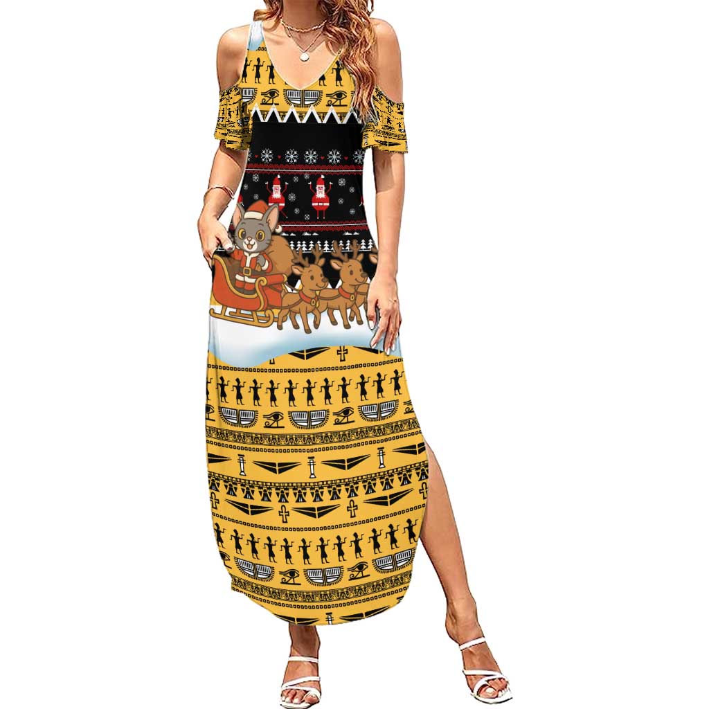 Egypt Christmas Family Matching Summer Maxi Dress and Hawaiian Shirt with Santa Cat Sleigh Reindeer Christmas Tree and Ancient Hieroglyphic - Wonder Print Shop