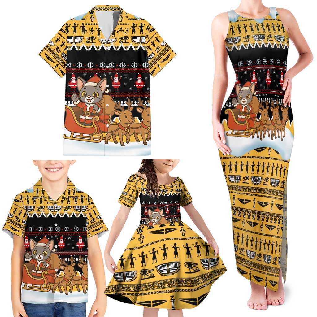 Egypt Christmas Family Matching Tank Maxi Dress and Hawaiian Shirt with Santa Cat Sleigh Reindeer Christmas Tree and Ancient Hieroglyphic - Wonder Print Shop