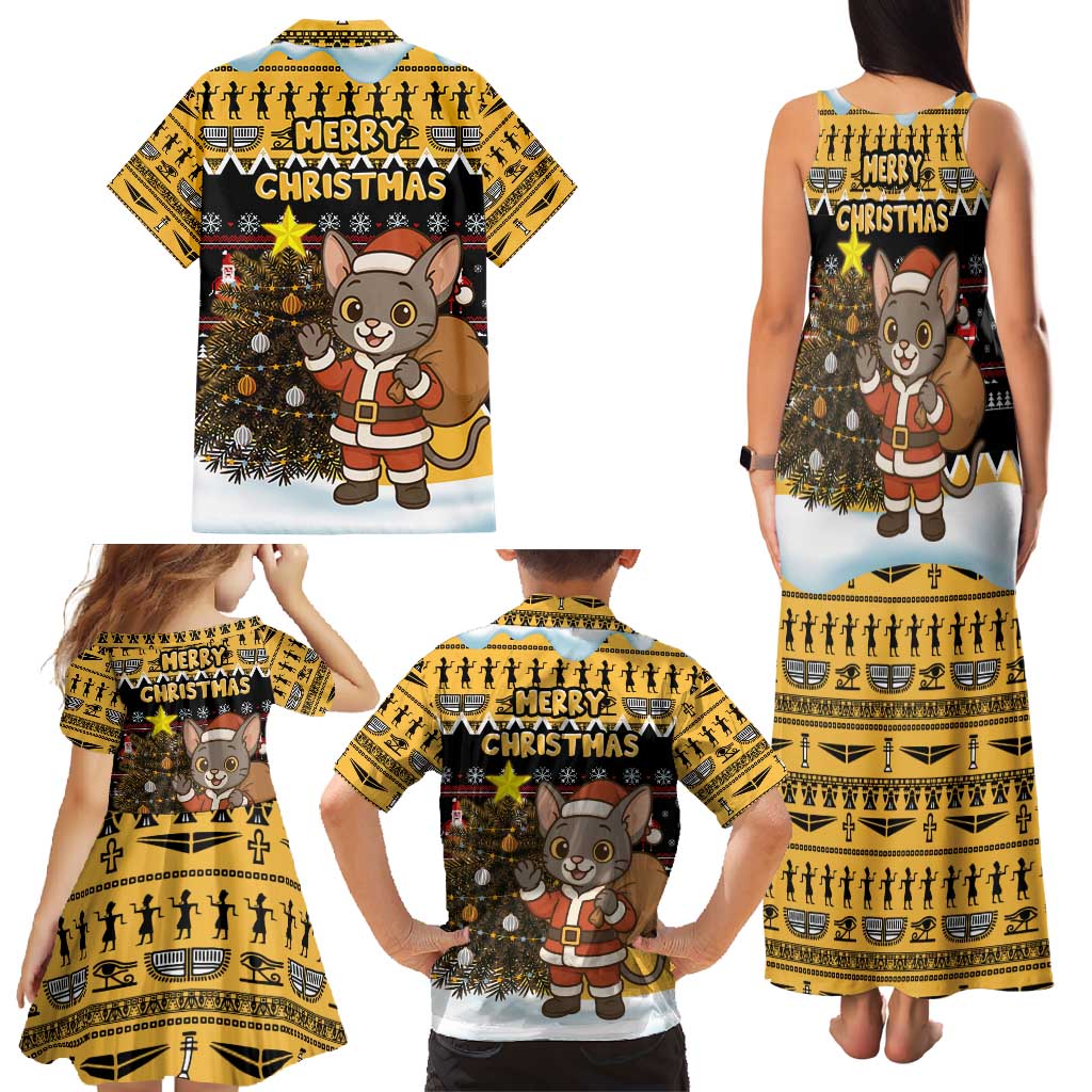 Egypt Christmas Family Matching Tank Maxi Dress and Hawaiian Shirt with Santa Cat Sleigh Reindeer Christmas Tree and Ancient Hieroglyphic - Wonder Print Shop