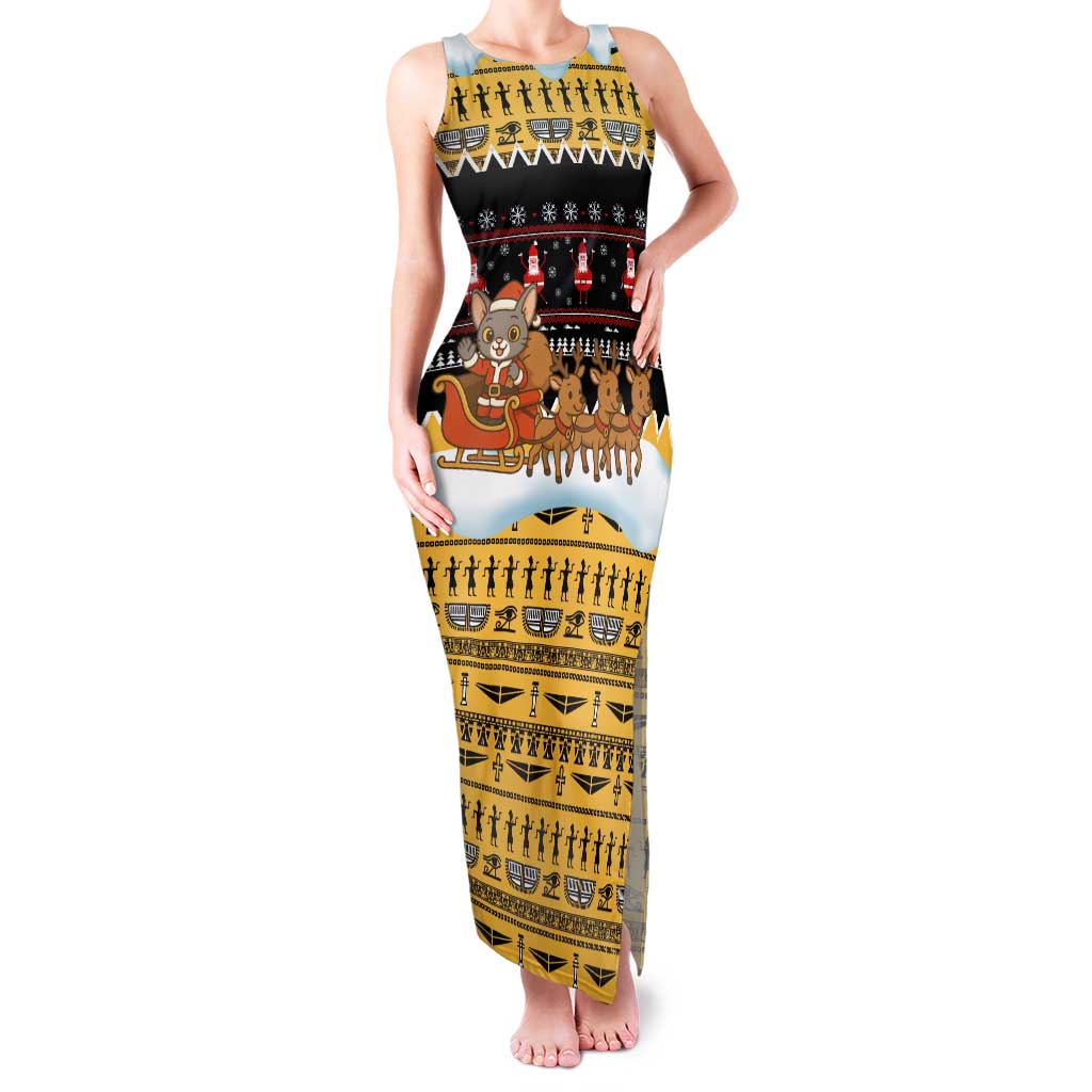 Egypt Christmas Family Matching Tank Maxi Dress and Hawaiian Shirt with Santa Cat Sleigh Reindeer Christmas Tree and Ancient Hieroglyphic - Wonder Print Shop
