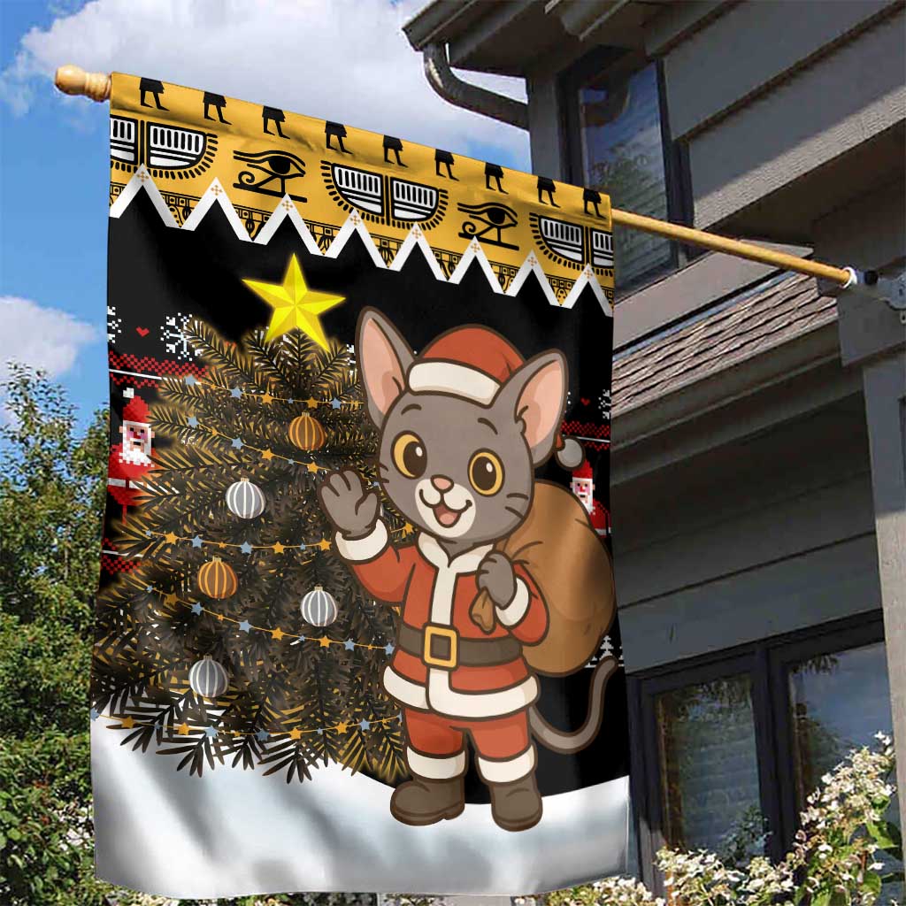 Egypt Christmas Garden Flag with Santa Cat Sleigh Reindeer Christmas Tree and Ancient Hieroglyphic - Wonder Print Shop