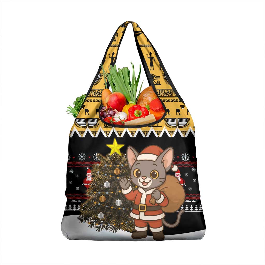 Egypt Christmas Grocery Bag with Santa Cat Sleigh Reindeer Christmas Tree and Ancient Hieroglyphic - Wonder Print Shop