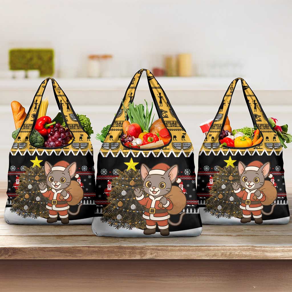Egypt Christmas Grocery Bag with Santa Cat Sleigh Reindeer Christmas Tree and Ancient Hieroglyphic - Wonder Print Shop