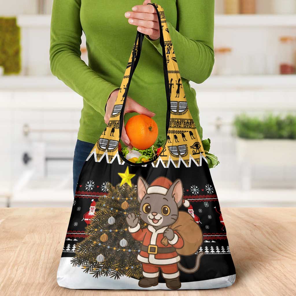 Egypt Christmas Grocery Bag with Santa Cat Sleigh Reindeer Christmas Tree and Ancient Hieroglyphic - Wonder Print Shop