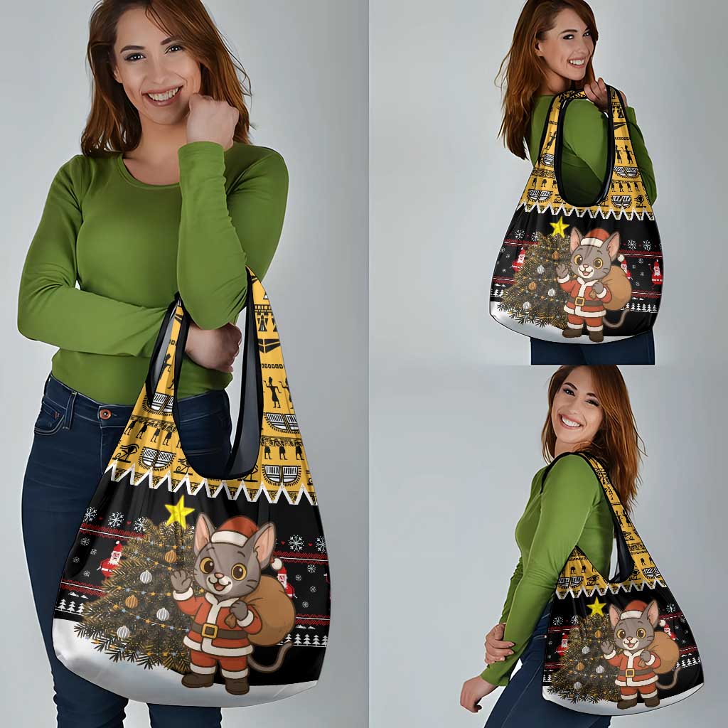 Egypt Christmas Grocery Bag with Santa Cat Sleigh Reindeer Christmas Tree and Ancient Hieroglyphic - Wonder Print Shop