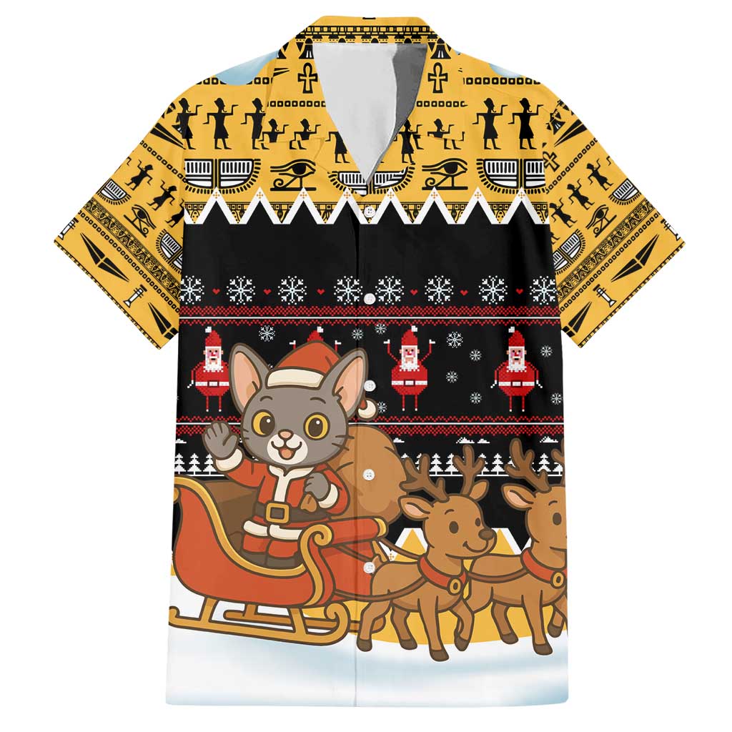 Egypt Christmas Hawaiian Shirt with Santa Cat Sleigh Reindeer Christmas Tree and Ancient Hieroglyphic - Wonder Print Shop
