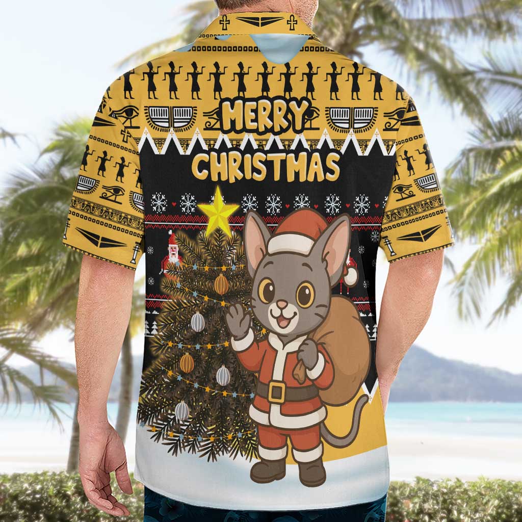 Egypt Christmas Hawaiian Shirt with Santa Cat Sleigh Reindeer Christmas Tree and Ancient Hieroglyphic - Wonder Print Shop