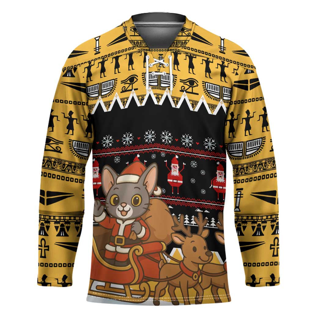 Egypt Christmas Hockey Jersey with Santa Cat Sleigh Reindeer Christmas Tree and Ancient Hieroglyphic - Wonder Print Shop