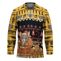 Egypt Christmas Hockey Jersey with Santa Cat Sleigh Reindeer Christmas Tree and Ancient Hieroglyphic - Wonder Print Shop