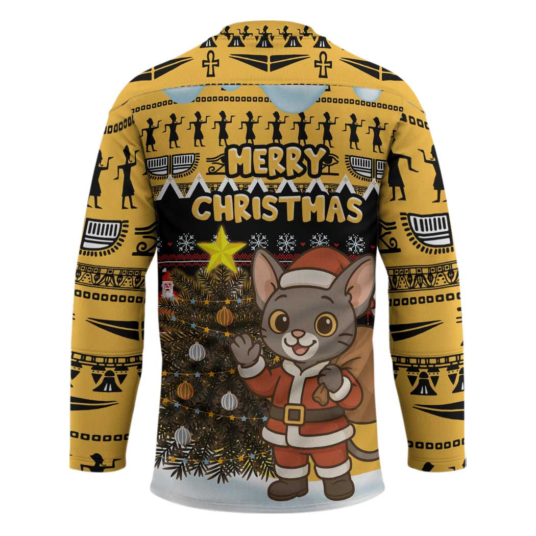 Egypt Christmas Hockey Jersey with Santa Cat Sleigh Reindeer Christmas Tree and Ancient Hieroglyphic - Wonder Print Shop