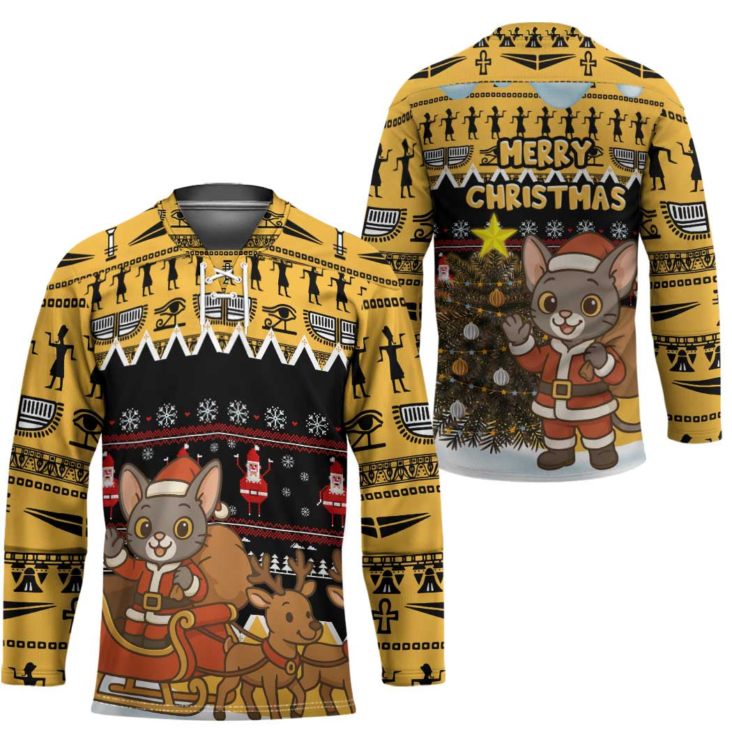 Egypt Christmas Hockey Jersey with Santa Cat Sleigh Reindeer Christmas Tree and Ancient Hieroglyphic - Wonder Print Shop