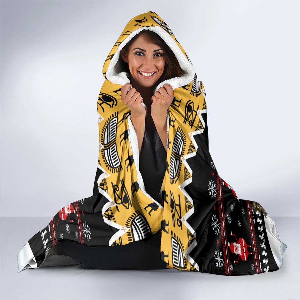 Egypt Christmas Hooded Blanket with Santa Cat Sleigh Reindeer Christmas Tree and Ancient Hieroglyphic - Wonder Print Shop