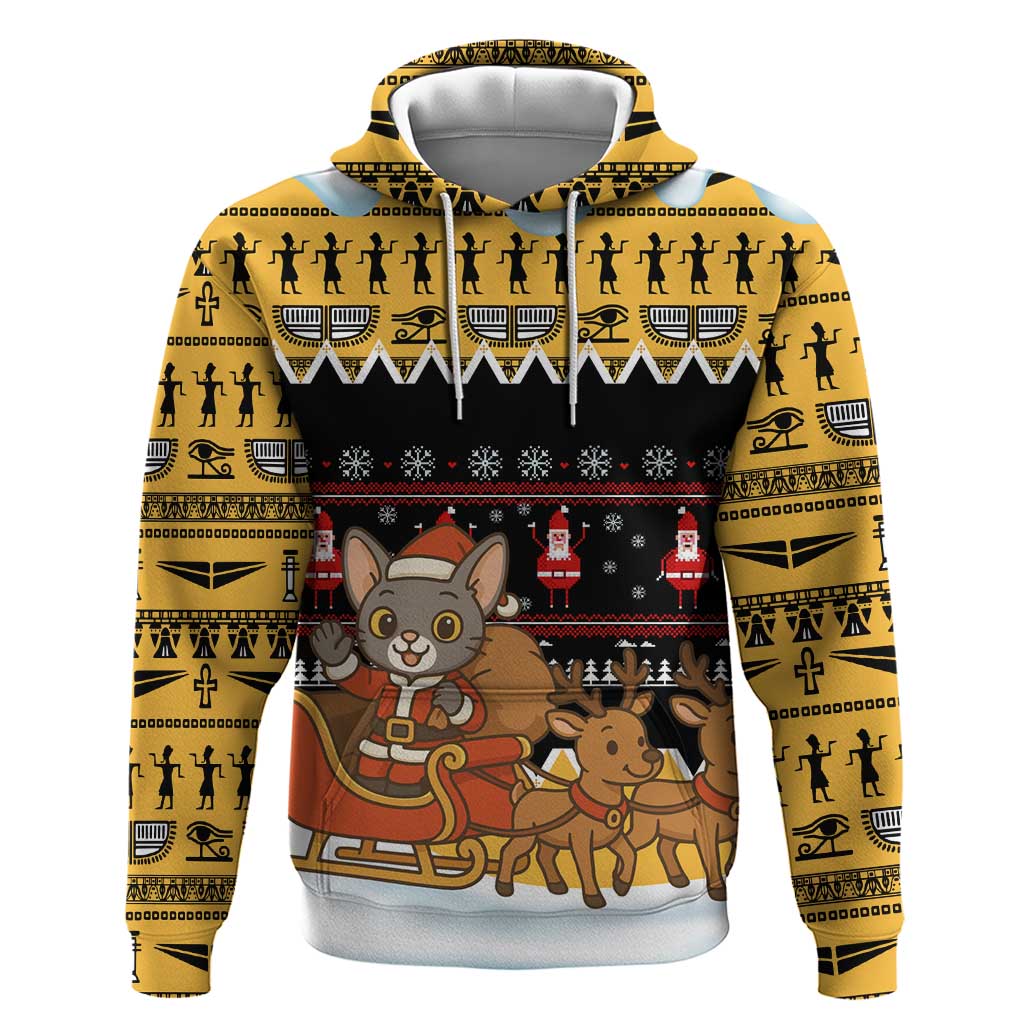 Egypt Christmas Hoodie with Santa Cat Sleigh Reindeer Christmas Tree and Ancient Hieroglyphic - Wonder Print Shop