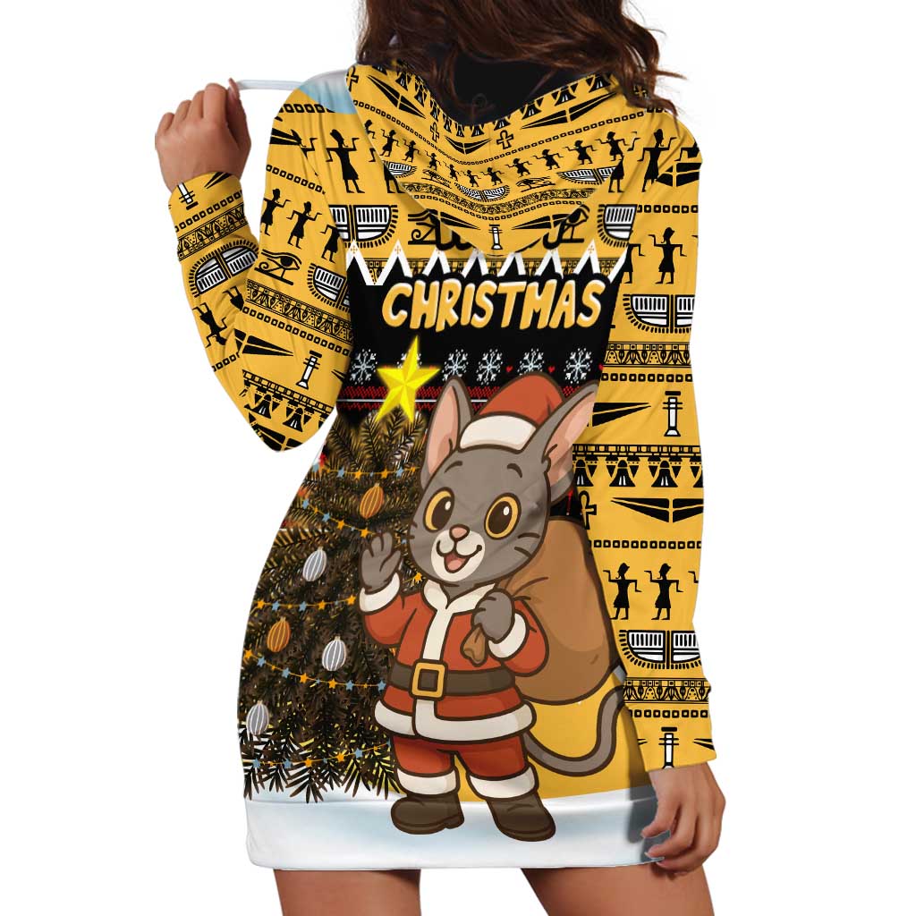 Egypt Christmas Hoodie Dress with Santa Cat Sleigh Reindeer Christmas Tree and Ancient Hieroglyphic - Wonder Print Shop