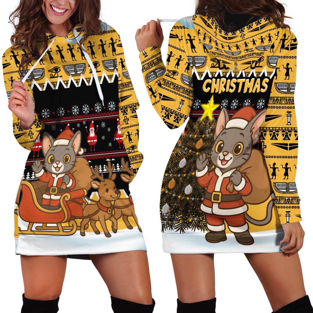 Egypt Christmas Hoodie Dress with Santa Cat Sleigh Reindeer Christmas Tree and Ancient Hieroglyphic - Wonder Print Shop