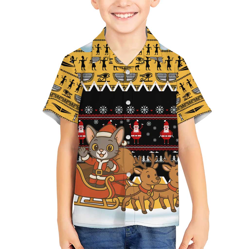 Egypt Christmas Kid Hawaiian Shirt with Santa Cat Sleigh Reindeer Christmas Tree and Ancient Hieroglyphic - Wonder Print Shop