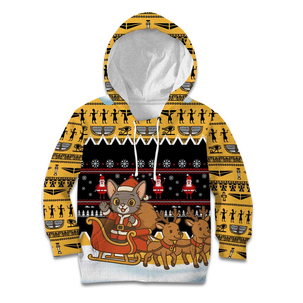 Egypt Christmas Kid Hoodie with Santa Cat Sleigh Reindeer Christmas Tree and Ancient Hieroglyphic - Wonder Print Shop