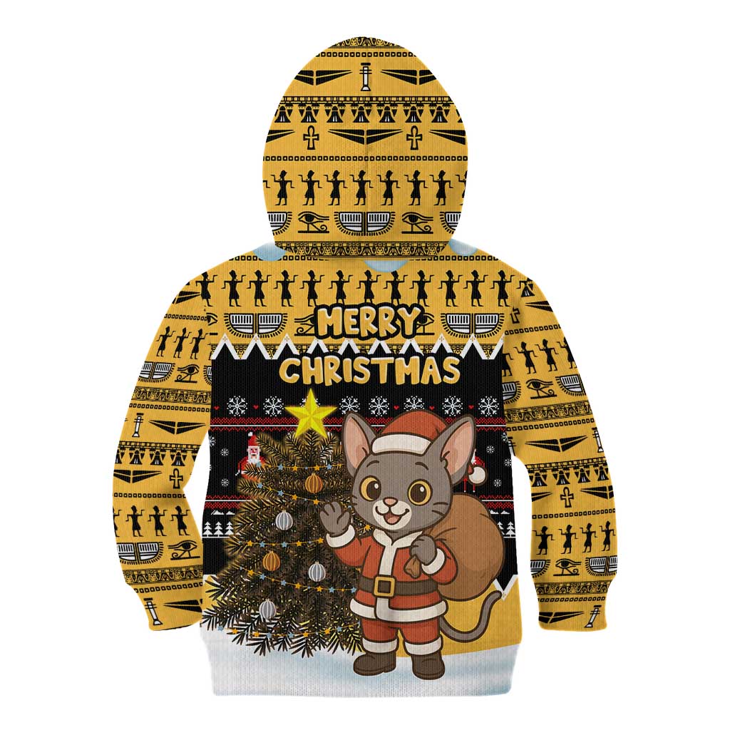 Egypt Christmas Kid Hoodie with Santa Cat Sleigh Reindeer Christmas Tree and Ancient Hieroglyphic - Wonder Print Shop