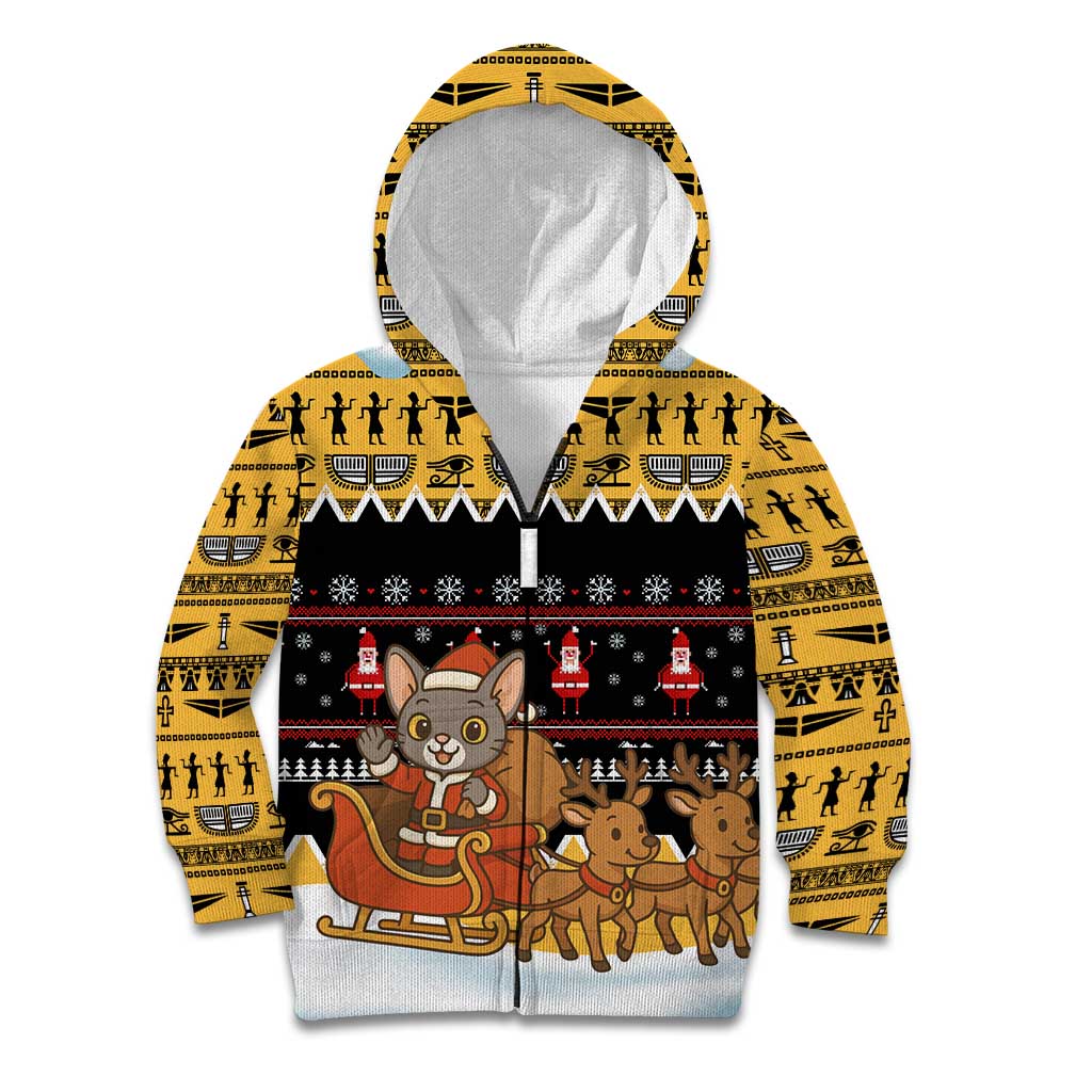 Egypt Christmas Kid Hoodie with Santa Cat Sleigh Reindeer Christmas Tree and Ancient Hieroglyphic - Wonder Print Shop