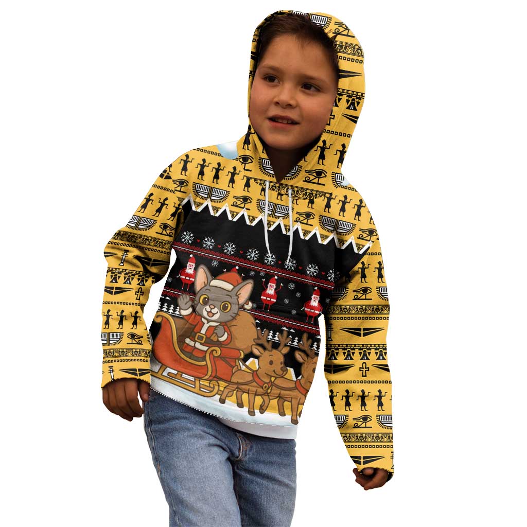 Egypt Christmas Kid Hoodie with Santa Cat Sleigh Reindeer Christmas Tree and Ancient Hieroglyphic - Wonder Print Shop